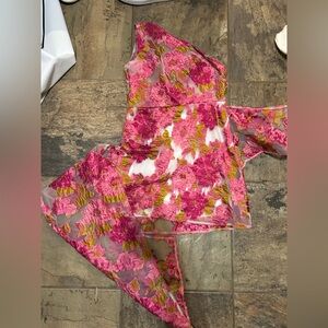 Floral Pink and Green Sheer Wrap Top